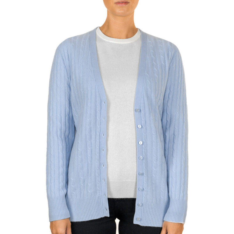 Long Cashmere Cable Cardigan, Baby Blue