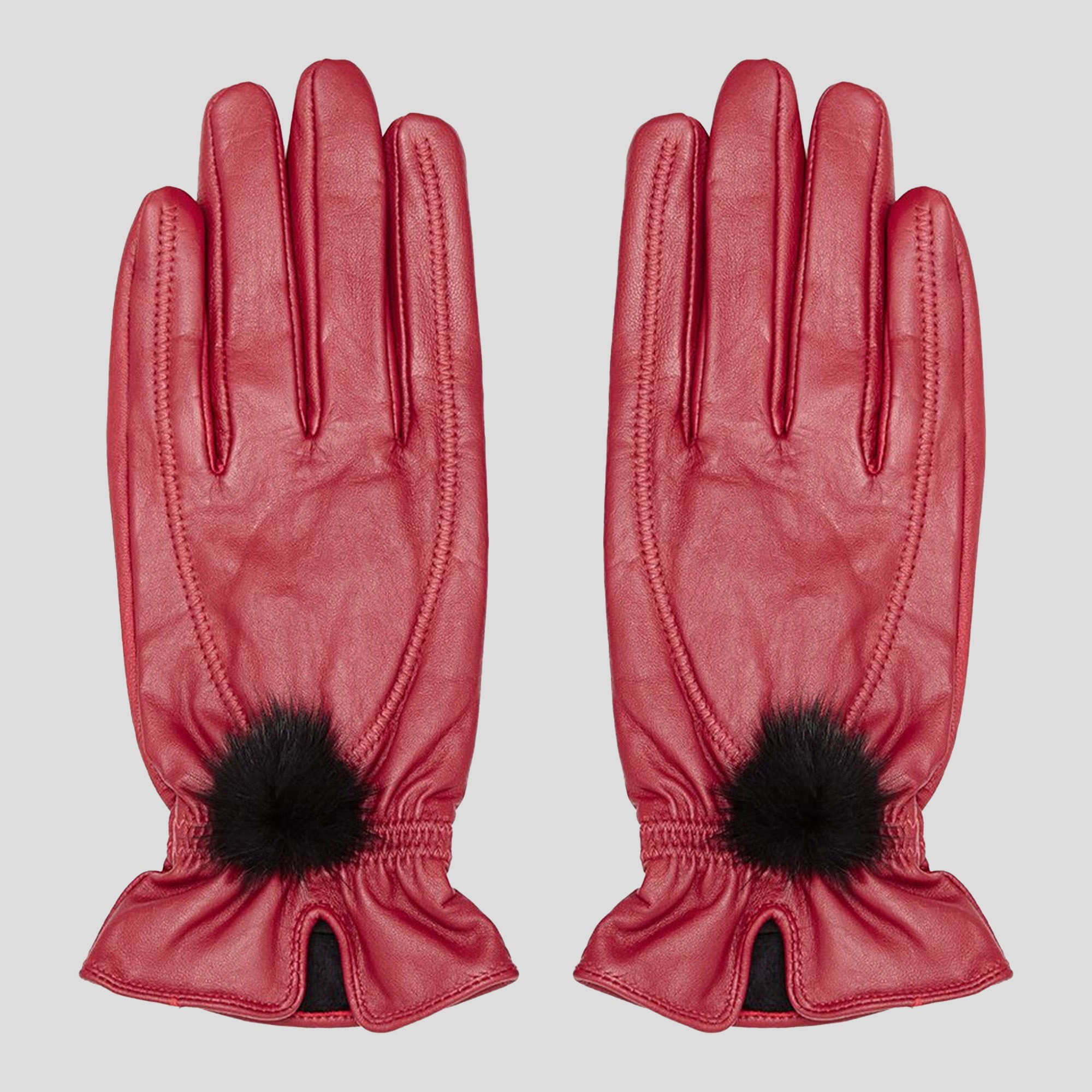 GREY-Lona Scott Store, Leather Gloves, with fur pompom, Red