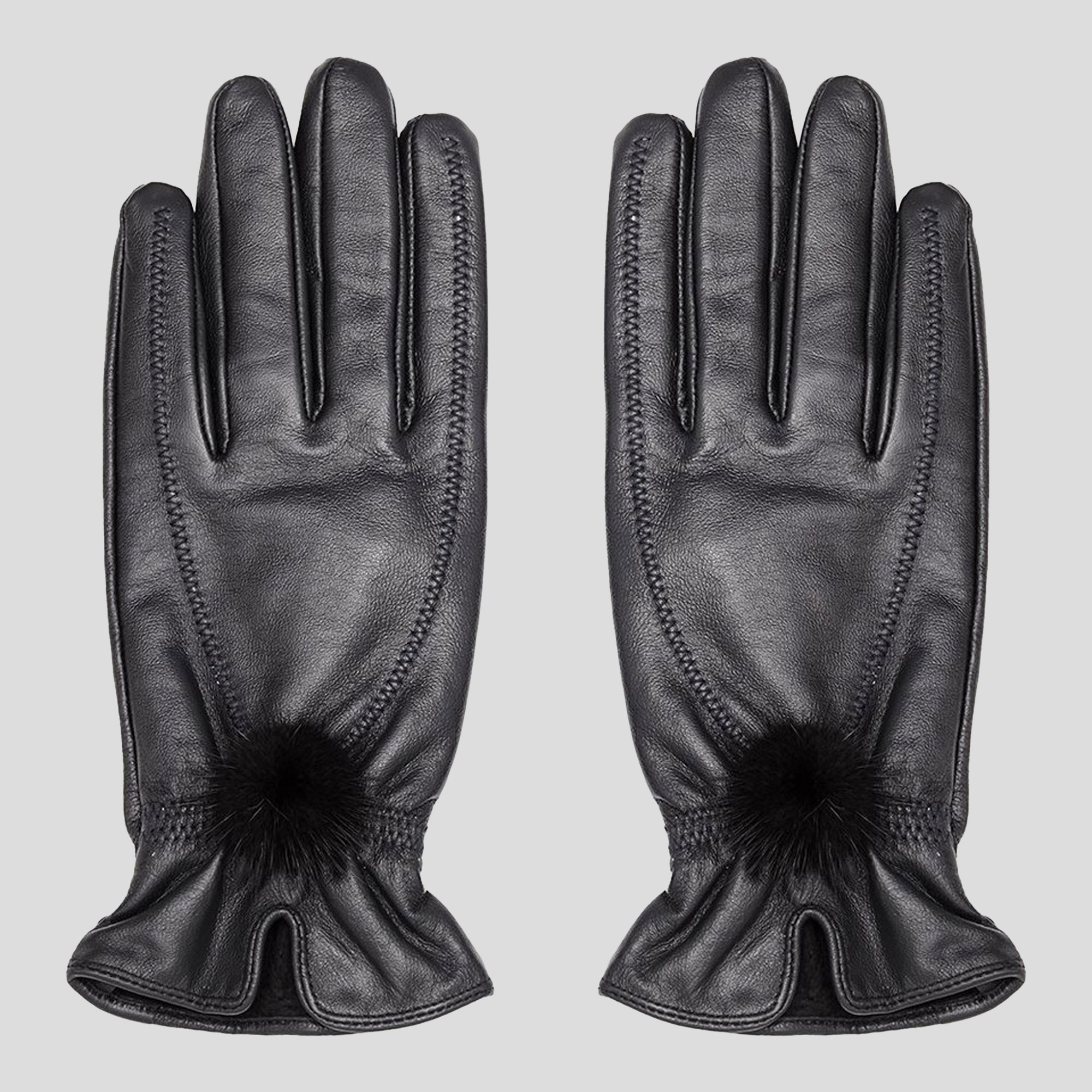 GREY-Lona Scott Store, Leather Gloves with pompom, black
