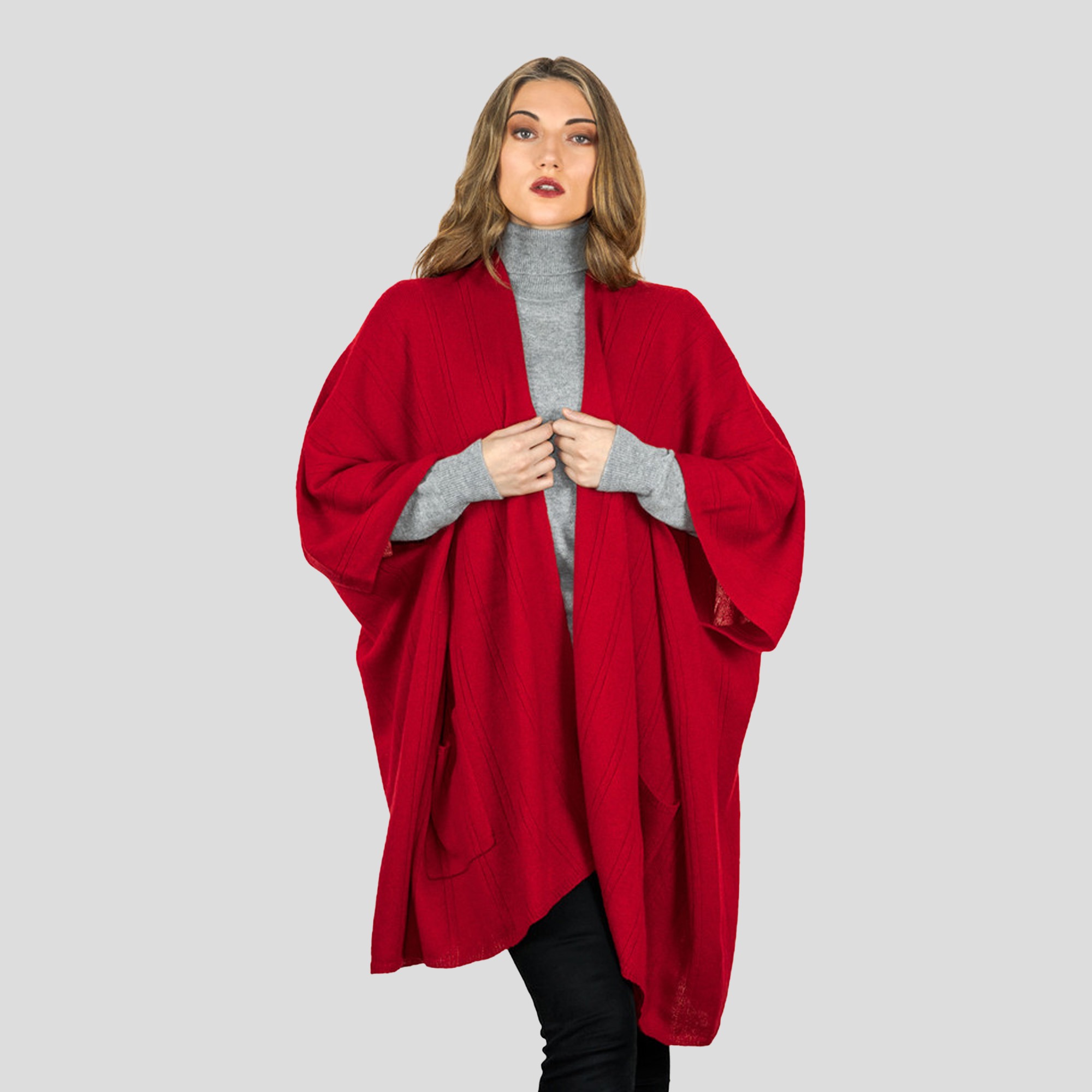 Grey- Lona Scott Cashmere Cape with Pockets, Red 3