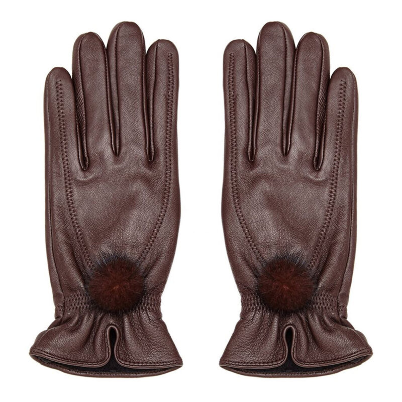 Leather Gloves with Fur Pompom, Brown