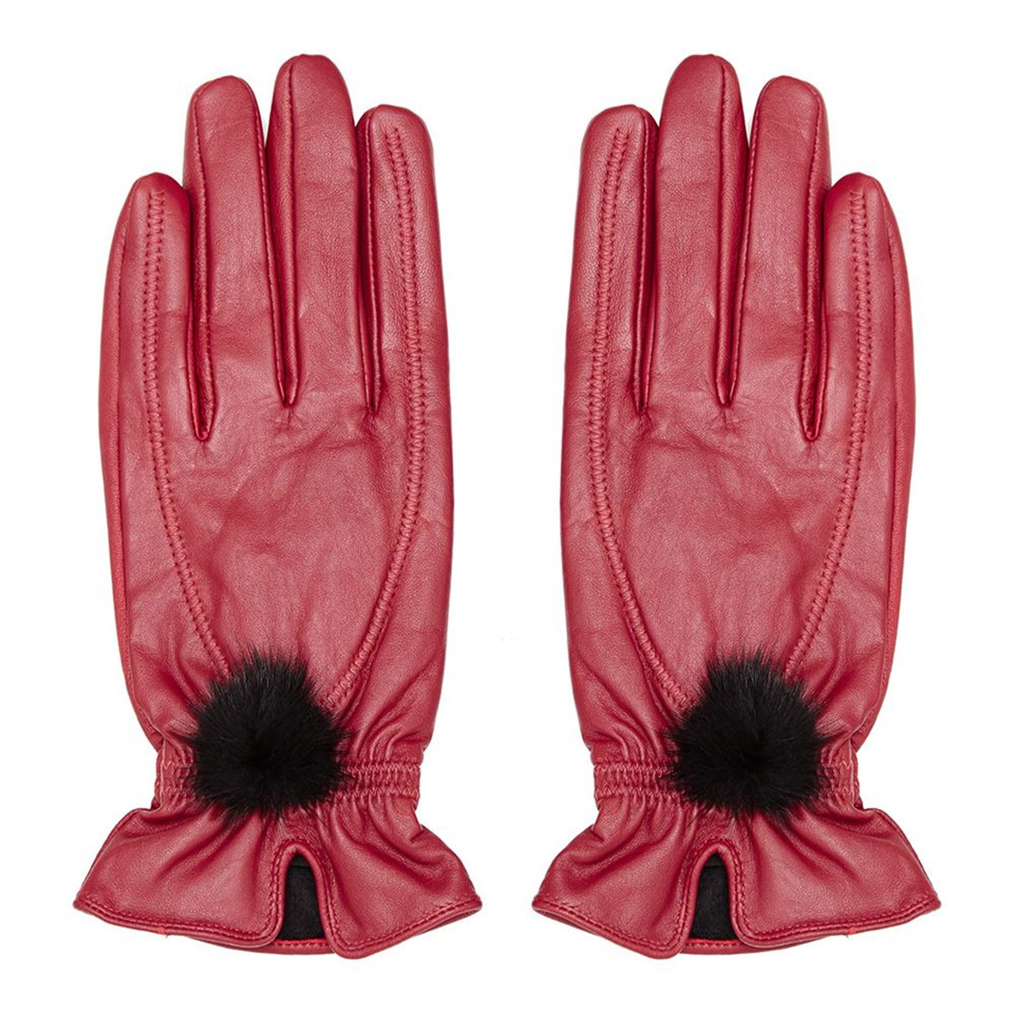 Leather Gloves with Fur Pompom, Red