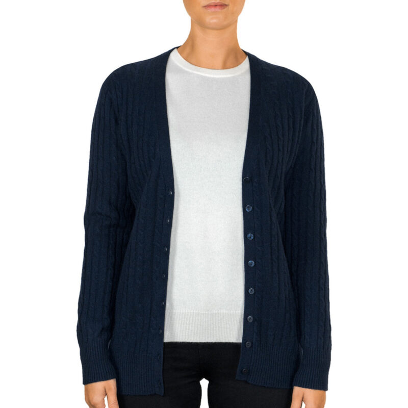 Long Cashmere Cable Cardigan, Navy