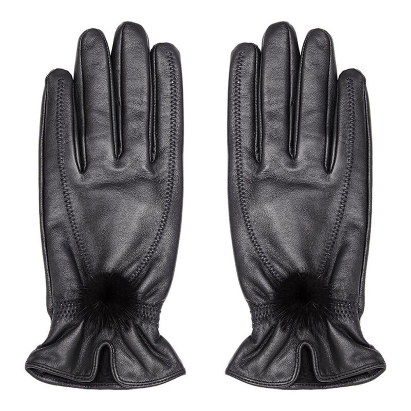 Leather Gloves with Fur Pompom, Black